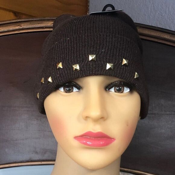 Accessories - Brown Slouch Beanie with Gold Studs